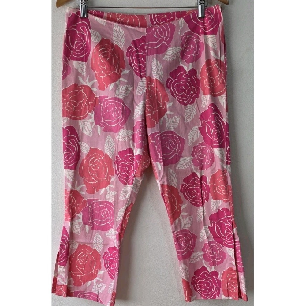 Vintage Lilly Pulitzer Pants Capri Womens 8 Pink Floral Roses Side Slit Zip Open